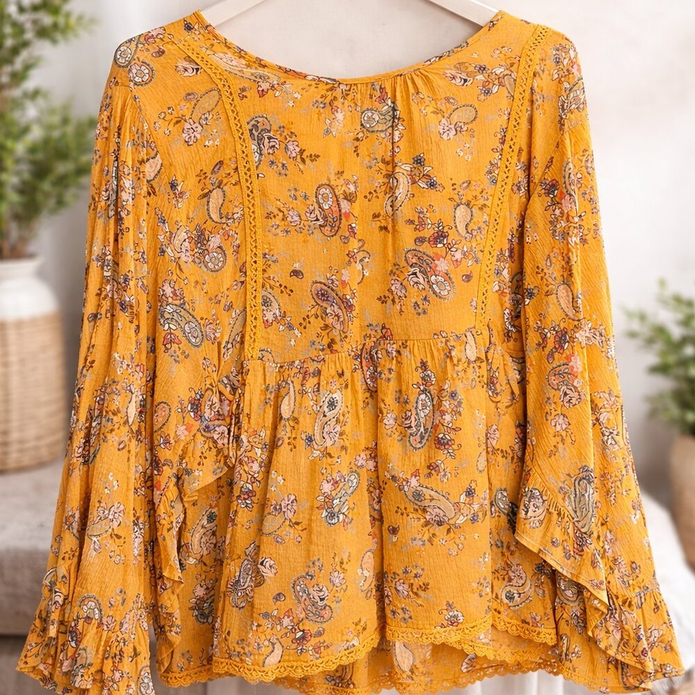 Mustard Boho Floral Peplum Blouse